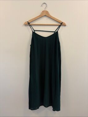Pleated Spaghetti-Strap Midi Dress in Forest Green